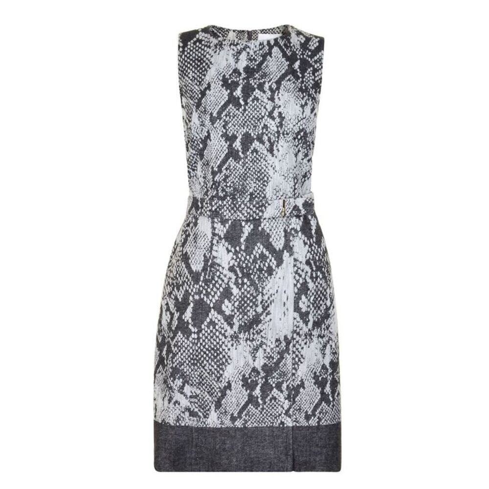 NWOT Hugo Boss Daneki Snake Jacquard Sheath Dress Sleeveless Gray Belt Crew 4 S